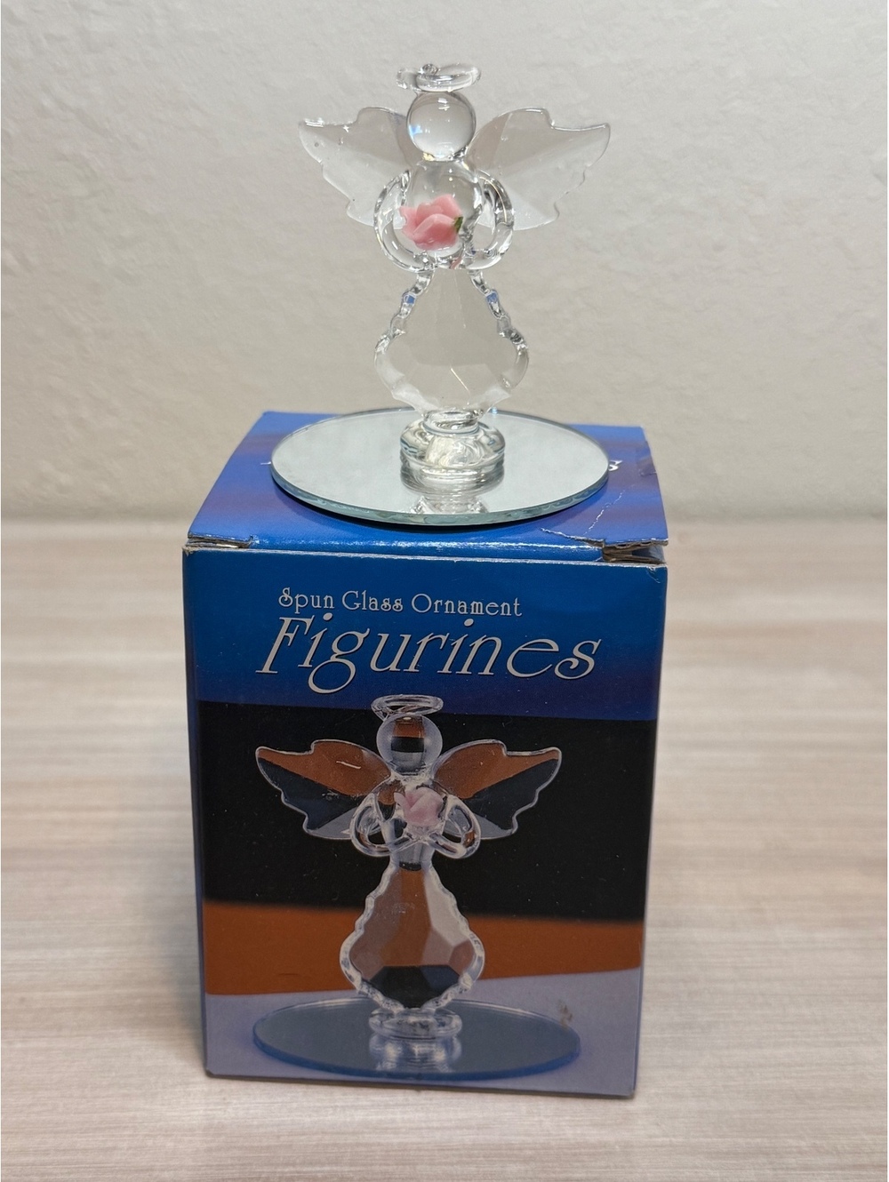 Clear Glass Angel Figurine with Pink Flower on Mirror Base